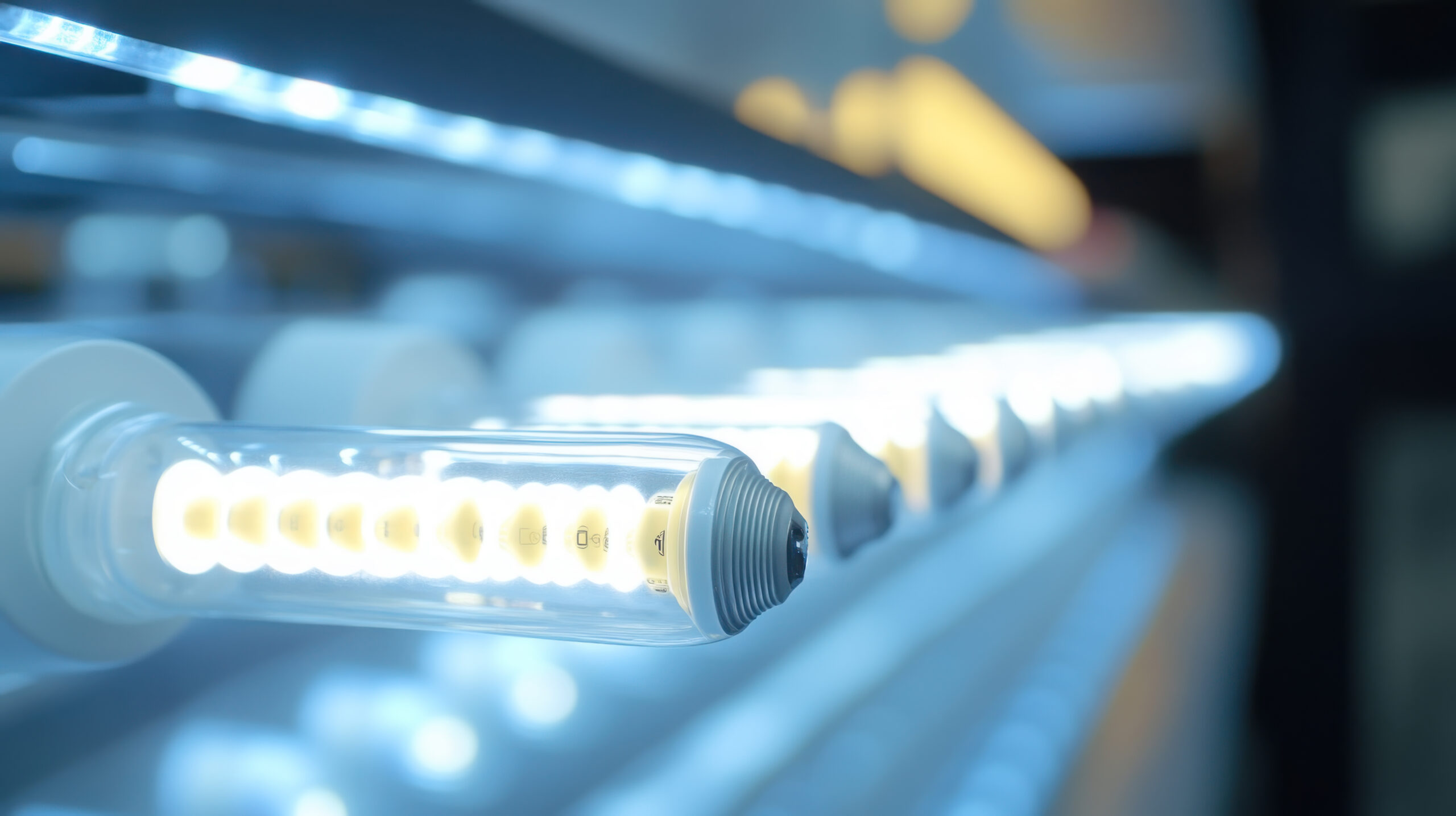 Led bulbs illuminate a space with their distinct glowing filaments. the close-up shot highlights the intricate design and energy efficiency of modern light fixtures, perfect for highlighting contemporary lighting solutions.